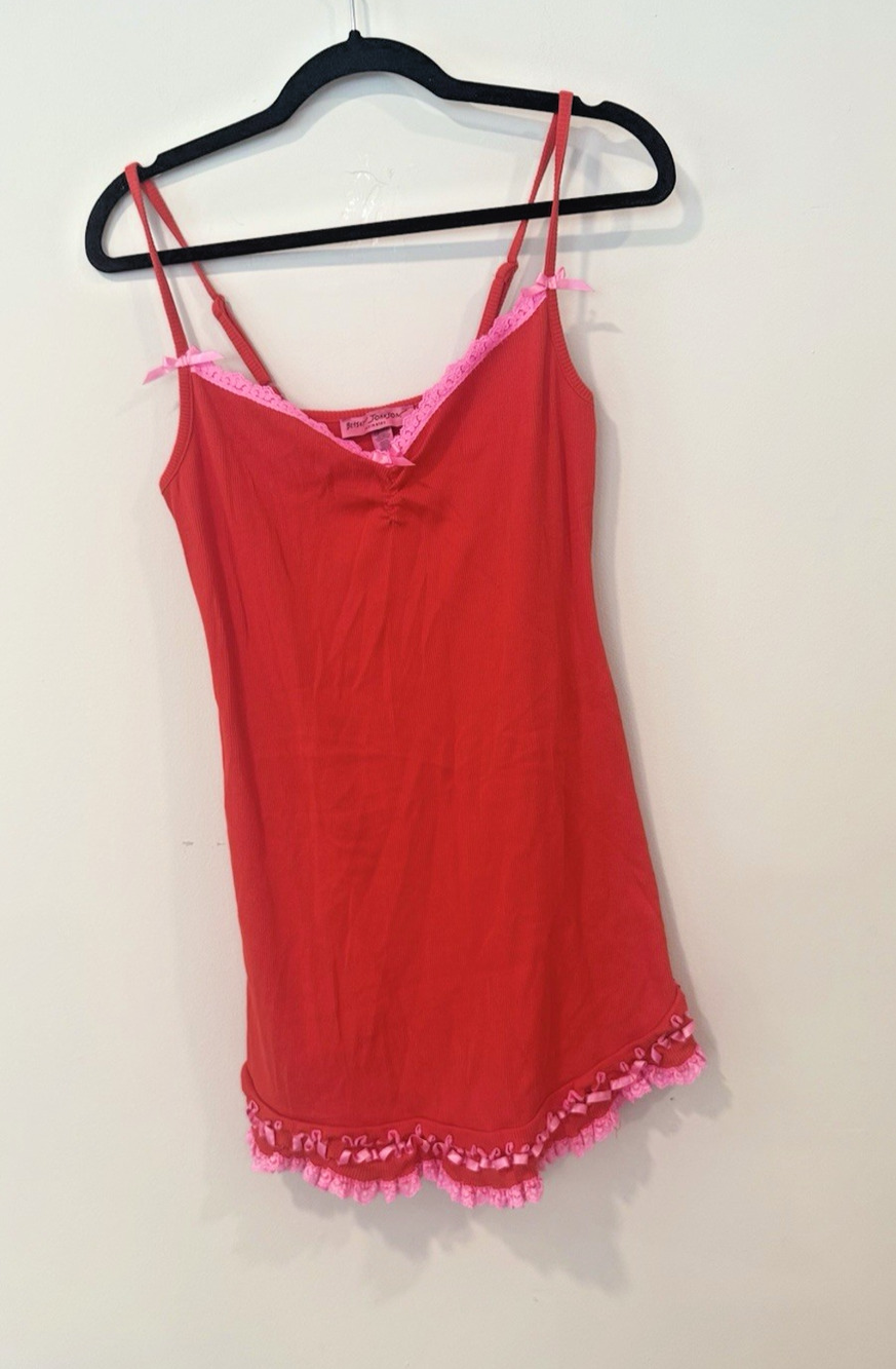 BETSEY JOHNSON Y2K Intimates Luscious Red Pink Slip Dress Size Medium -3056